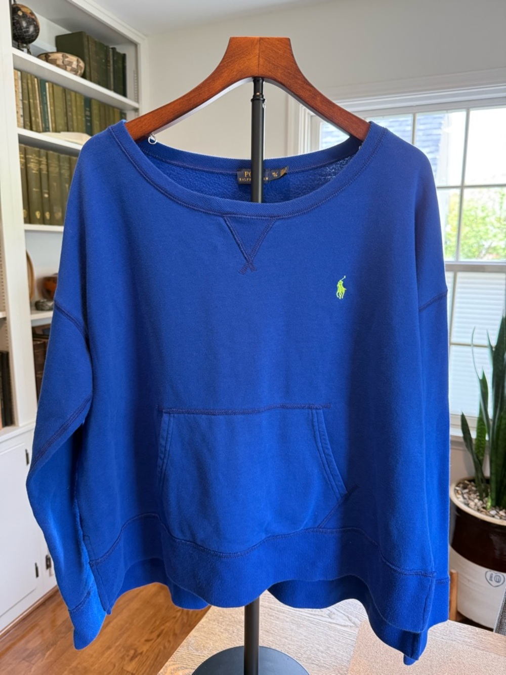 Vintage Ralph Lauren Royal Blue Sweatshirt with Wide Neck and Neon Green Pony